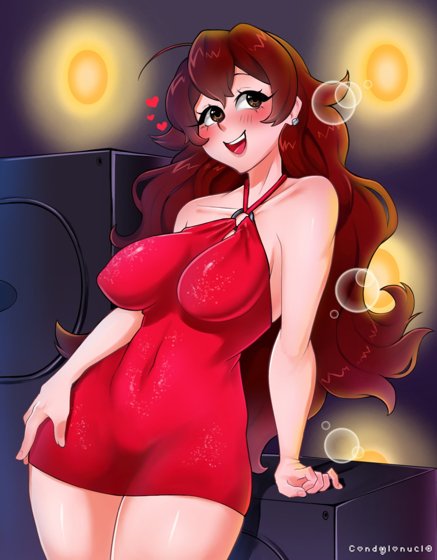 1girl ahoge antenna_hair bangs blush breasts brown_hair condylonucla covered_navel dress earrings friday_night_funkin' girlfriend_(friday_night_funkin') hair_between_eyes highres jewelry large_breasts long_hair looking_at_viewer navel open_mouth red_dress smile solo thick_thighs thighs wavy_hair