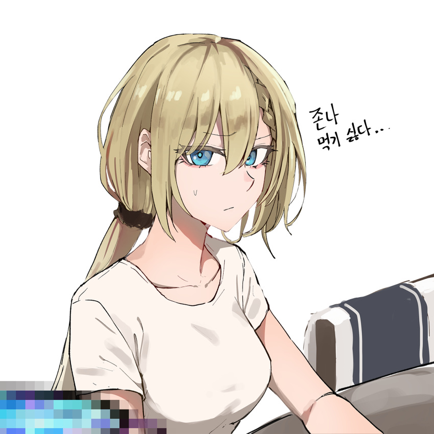 1girl bangs blonde_hair blue_eyes braid breasts censored censored_food closed_mouth collarbone eyebrows_visible_through_hair g36_(girls'_frontline) girls_frontline highres korean_text long_hair looking_at_viewer medium_breasts mmm_(ji1945) shirt solo sweatdrop symbol-only_commentary translation_request upper_body white_background white_shirt