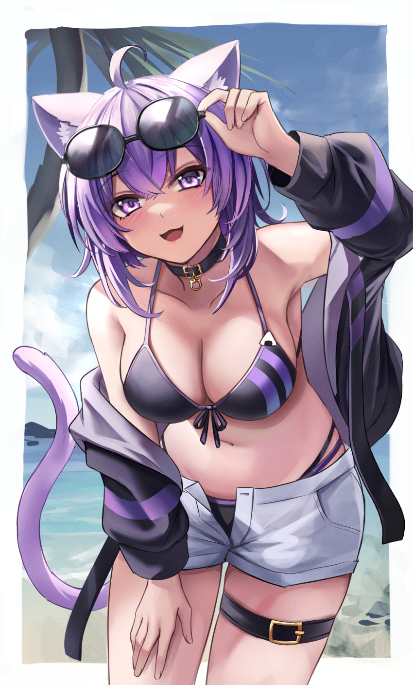 absurdres ahoge animal_ear_fluff bangs collar collarbone crossed_bangs denim denim_shorts eyewear_removed hair_between_eyes highres hololive jacket nekomata_okayu purple_hair shorts swimsuit tail thigh_strap violet_eyes virtual_youtuber wszkii