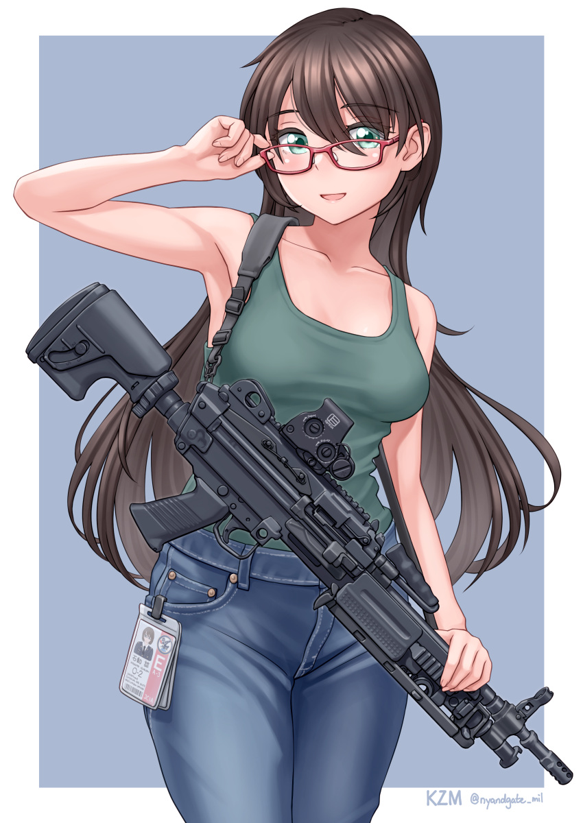 absurdres blush breasts brown_hair collarbone contrapposto denim eotech eyebrows_visible_through_hair fn_minimi glasses green_eyes gun highres id_card jeans light_machine_gun long_hair looking_at_viewer medium_breasts original pants reflex_sight signature simple_background smile tank_top waruzamurai weapon