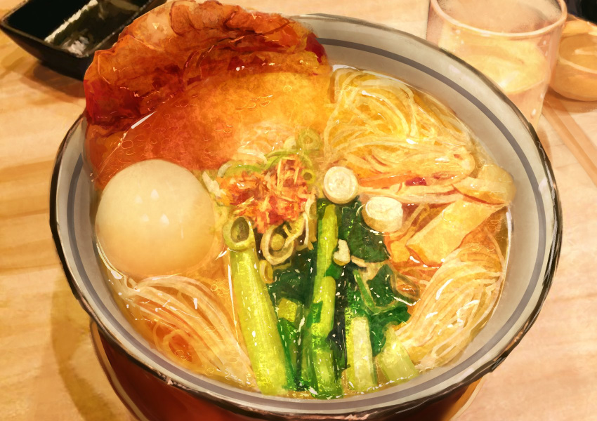 bowl commentary_request fen_fen_fen_fen food food_focus glass hardboiled_egg highres no_humans noodles original photorealistic ramen realistic table vegetable