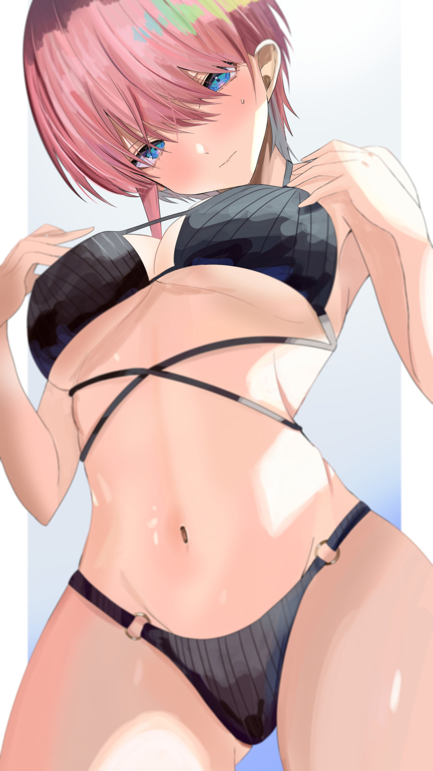 1girl absurdres bikini black_bikini blue_eyes breasts go-toubun_no_hanayome hand_on_own_chest highres kirameki_(rikukaikuu) looking_at_viewer looking_down nakano_ichika navel pink_hair shiny shiny_skin short_hair solo swimsuit thighs under_boob