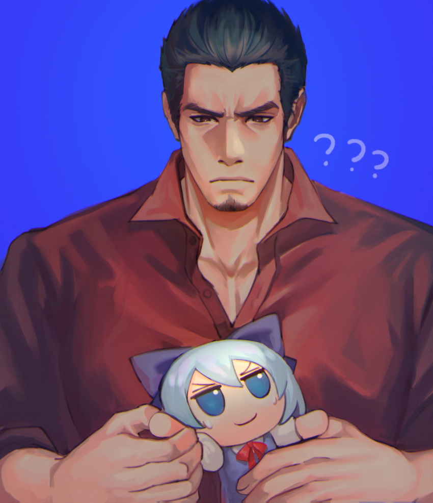 1boy ? ?? black_hair blue_background blue_bow blue_dress blue_eyes blue_hair bow brown_eyes cirno closed_mouth collarbone doll dress facial_hair fumo_(doll) hair_bow highres holding holding_doll kiryuu_kazuma long_sleeves looking_at_object looking_down mustache neck_ribbon red_ribbon red_shirt ribbon ryuu_ga_gotoku shirt short_hair short_sleeves sleeves_rolled_up touhou upper_body v-shaped_eyebrows very_short_hair ykz_sdz