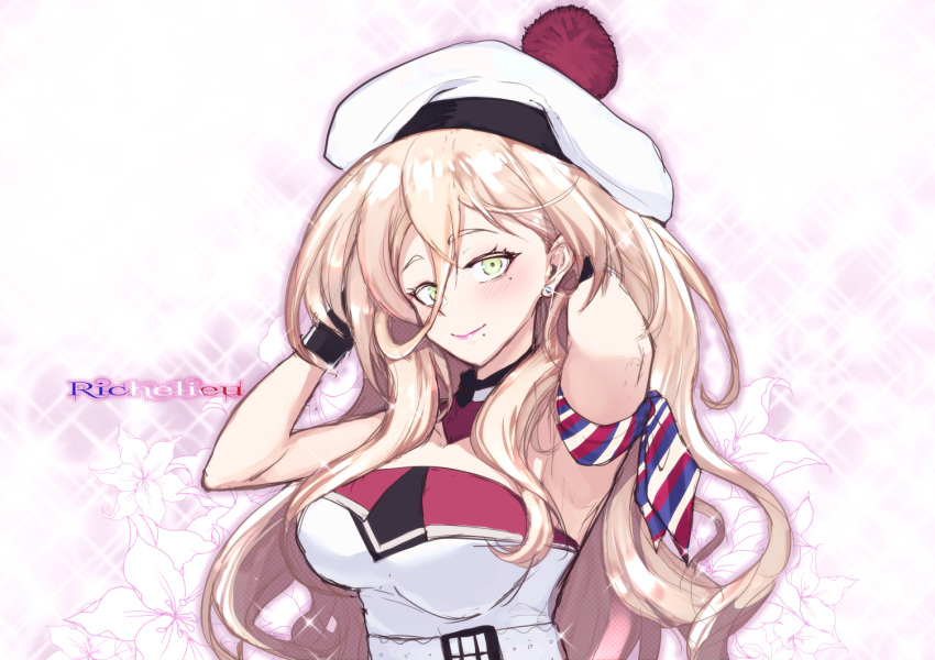 1girl arm_scarf beret blush breasts character_name dress ear_piercing flower gloves green_eyes hands_in_hair hat jewelry kantai_collection large_breasts lips long_hair looking_at_viewer mole mole_under_eye mole_under_mouth piercing pom_pom_(clothes) richelieu_(kancolle) ryuu_tou simple_background sleeveless sleeveless_dress smile solo sparkle upper_body very_long_hair