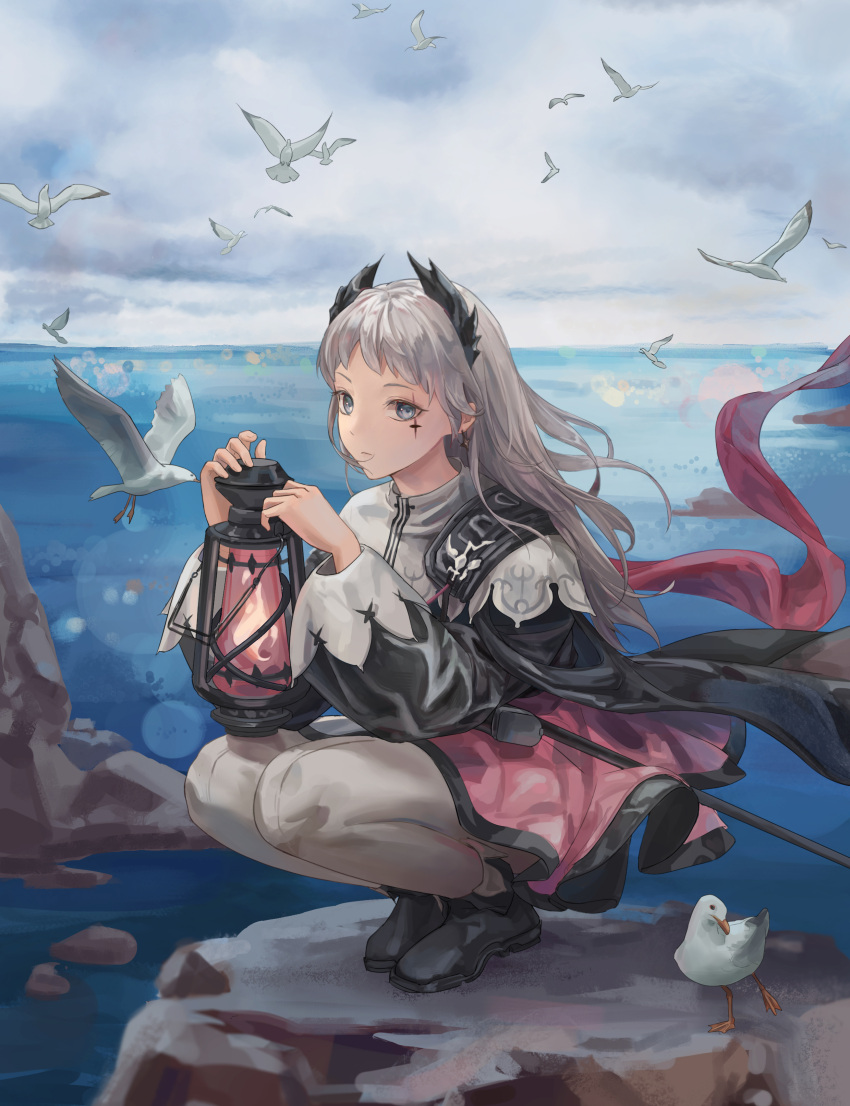 1girl absurdres animal arknights bird black_footwear black_shirt capelet clouds cloudy_sky commentary_request day full_body grey_eyes grey_hair highres horizon irene_(arknights) lantern long_hair long_sleeves looking_at_viewer ocean outdoors pantyhose pink_skirt puffy_long_sleeves puffy_sleeves seagull shirt shoes skirt sky solo squatting tangniji very_long_hair water white_capelet white_legwear