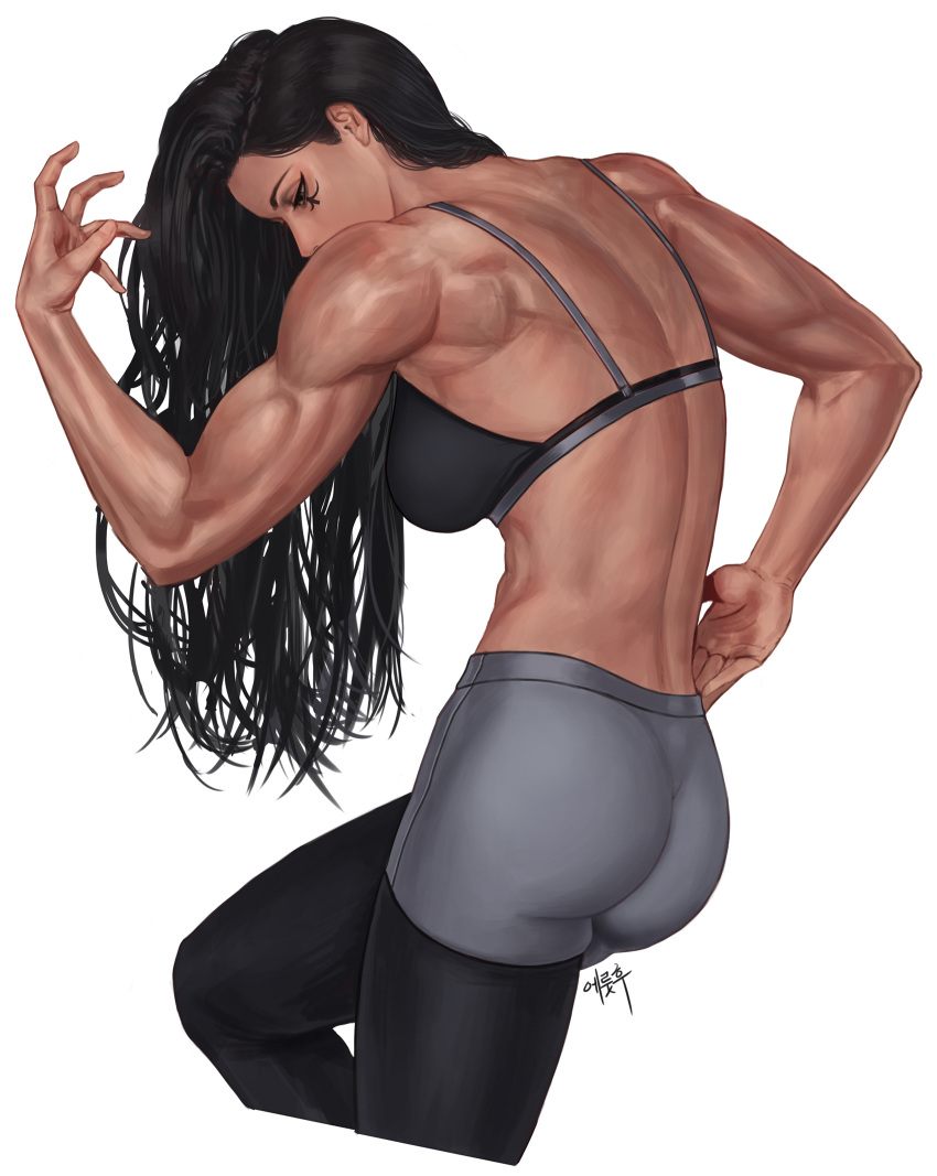 1girl ana_(overwatch) back bicep black_hair dark_skin eruthu flexing highres long_hair muscular muscular_female overwatch pants pose sports_bra sportswear tattoo toned white_background yoga_pants