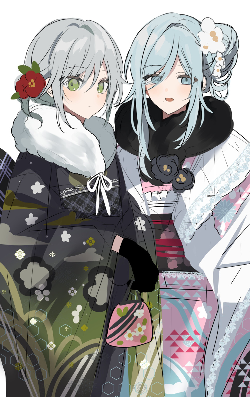 2girls :d absurdres bag black_flower black_gloves black_kimono black_sash blue_eyes blue_hair chu_yeon commentary flower frilled_sash gloves green_eyes grey_hair hair_bun hair_flower hair_ornament hair_up highres hinomori_shiho hinomori_shizuku holding holding_bag japanese_clothes kimono lace-trimmed_sash lace_trim long_sleeves looking_at_viewer multicolored_clothes multicolored_kimono multiple_girls obi open_mouth pink_kimono plaid_sash pouch project_sekai red_flower ribbon sash siblings sisters smile white_kimono white_ribbon wide_sleeves