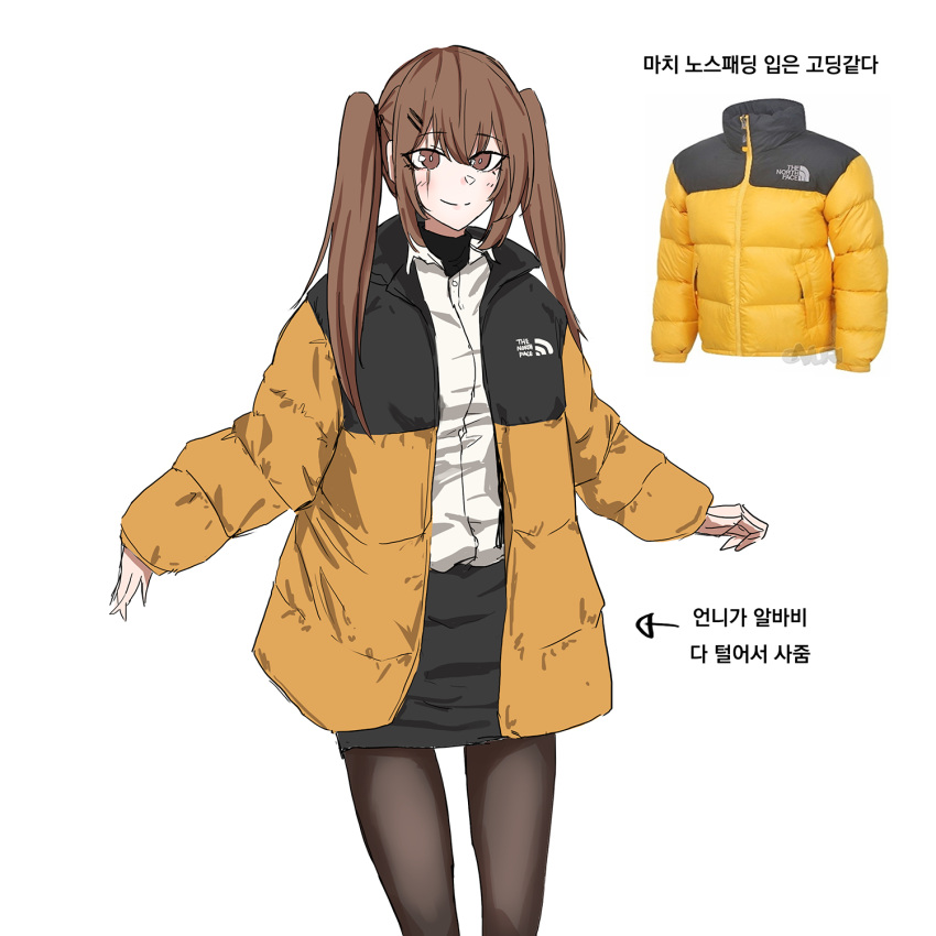 1girl alternate_costume bangs black_legwear black_skirt brown_eyes brown_hair closed_mouth eyebrows_visible_through_hair feet_out_of_frame girls_frontline hair_ornament hairclip highres jacket korean_text long_hair looking_at_viewer mmm_(ji1945) open_clothes open_jacket pantyhose shirt skirt smile solo standing symbol-only_commentary the_north_face translation_request twintails ump9_(girls'_frontline) white_background white_shirt yellow_jacket