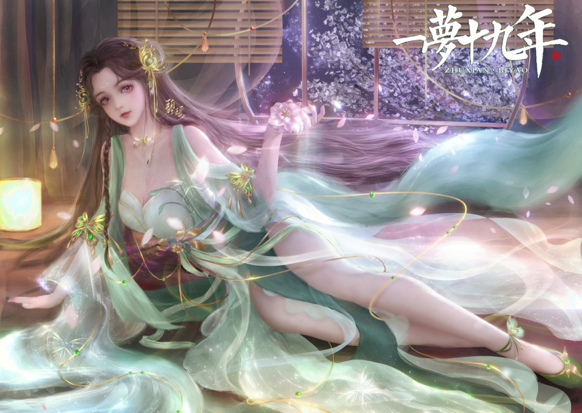 1girl absurdres anklet baiguio_(zhu_xian) bare_legs brown_hair expressionless flower full_body hair_ornament high_heels highres indoors jewelry lantern long_hair lying on_side si_you_xunfeng_fuyi solo zhu_xian