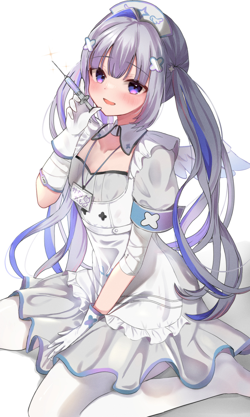 1girl :d amane_kanata angel angel_wings apron bandaged_arm bandages between_legs blue_hair blush detached_collar eyebrows_visible_through_hair gloves grey_hair hair_ornament hairclip hand_between_legs hat highres holding holding_syringe hololive long_hair looking_at_viewer nurse nurse_cap official_alternate_costume open_mouth pantyhose pink_hair pokeeeo_o puffy_short_sleeves puffy_sleeves short_sleeves single_hair_intake sitting smile solo syringe twintails violet_eyes virtual_youtuber wariza white_apron white_gloves white_legwear wing_collar wings