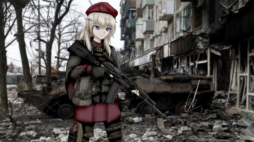 absurdres ak-74m ak74m_(girls'_frontline) ammunition_belt assault_rifle beret black_legwear blonde_hair blue_eyes building camouflage_gloves destruction girls_frontline gun hair_ornament hat highres holding holding_gun holding_weapon kalashnikov_rifle kuro_ten7 long_hair looking_at_viewer military_operator photo_background red_star rifle rubble russian_flag signature skirt snowflake_hair_ornament solo standing tactical_clothes thigh-highs tree trigger_discipline war weapon