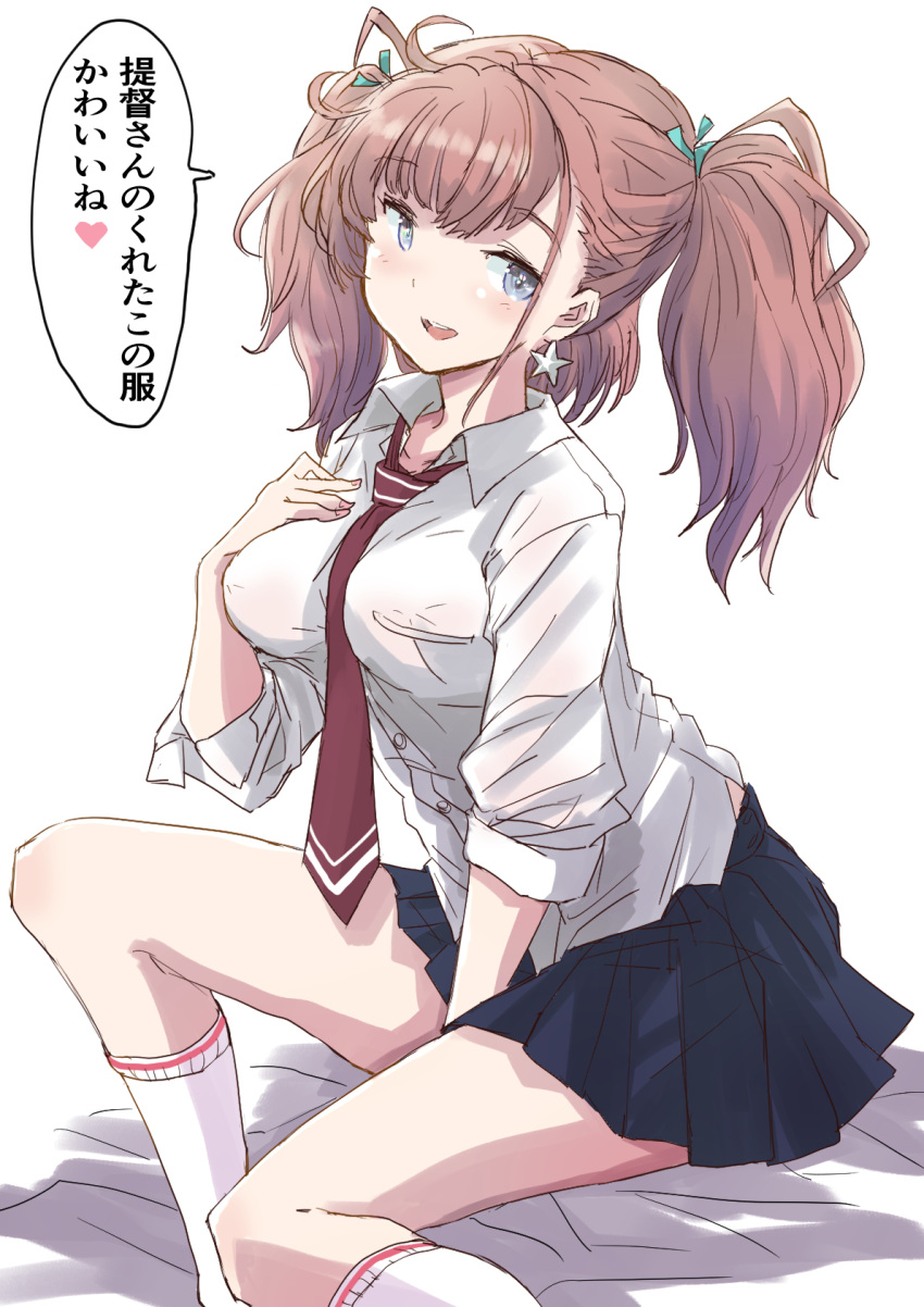 1girl alternate_costume atlanta_(kancolle) black_skirt breasts brown_hair collared_shirt commentary_request dress_shirt earrings feet_out_of_frame fuji_(pixiv24804665) grey_eyes highres jewelry kantai_collection kneehighs large_breasts long_hair looking_at_viewer necktie red_necktie school_uniform shirt sitting skirt smile solo star_(symbol) star_earrings translation_request two_side_up white_legwear white_shirt