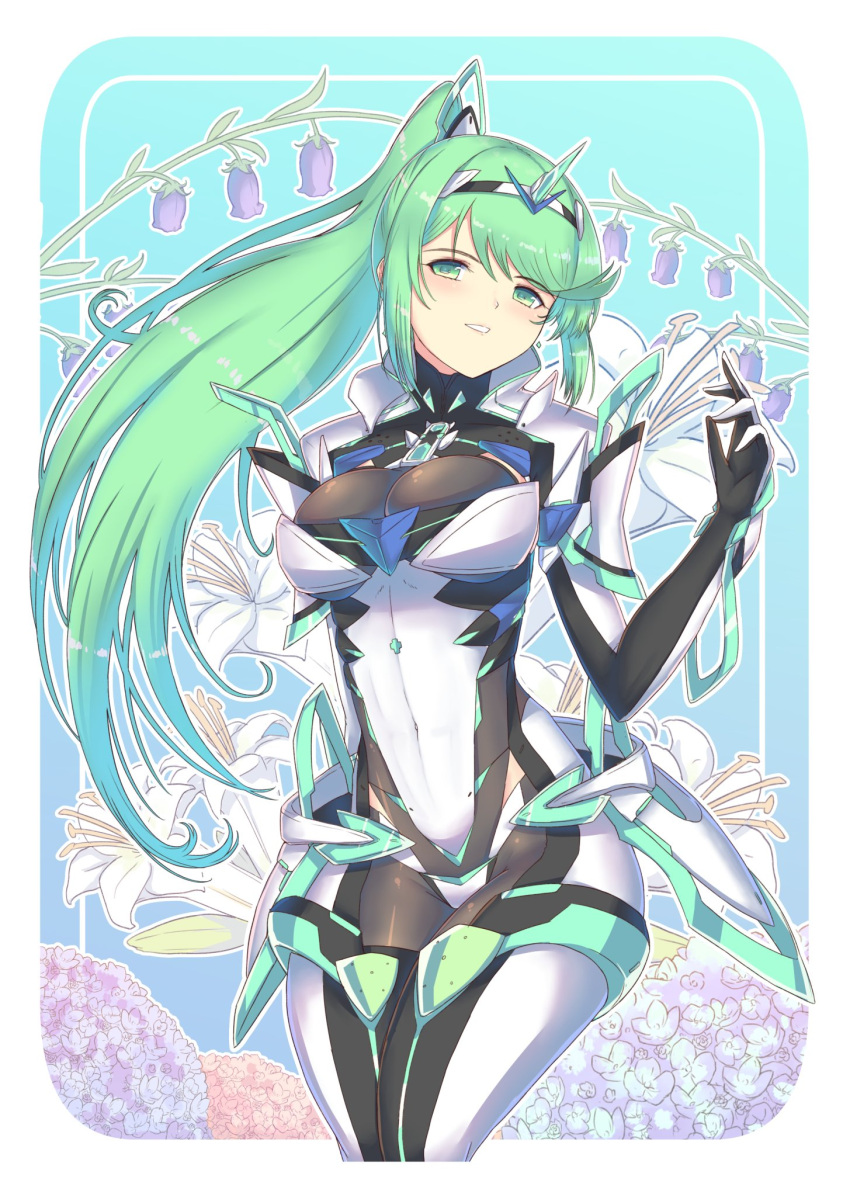 1girl bangs breasts cat_with_a_brush chest_jewel earrings gem gloves greek_text green_eyes green_hair headpiece high_heels highres jewelry large_breasts long_hair pneuma_(xenoblade) ponytail solo swept_bangs tiara very_long_hair xenoblade_chronicles_(series) xenoblade_chronicles_2