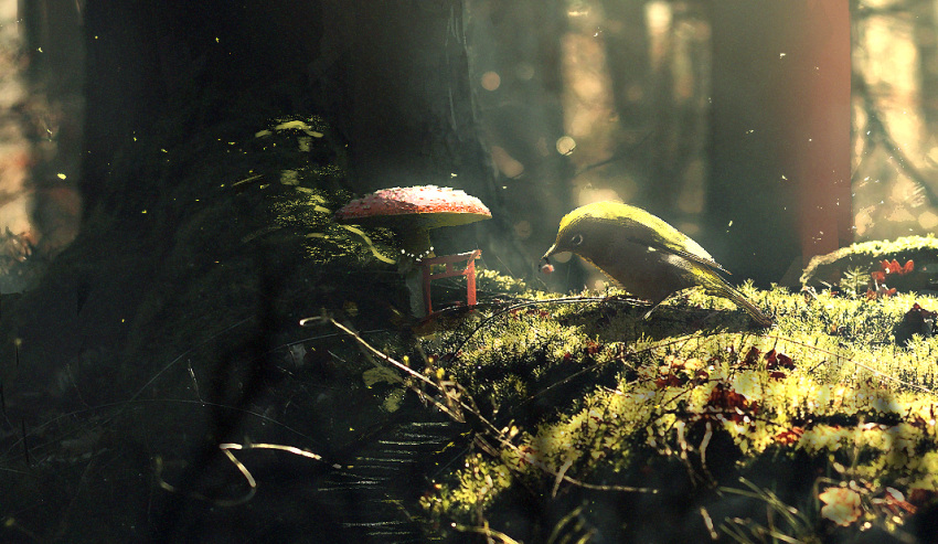 bird blurry bokeh commentary_request day depth_of_field eating fen_fen_fen_fen forest moss mushroom nature no_humans original sunlight tagme torii tree