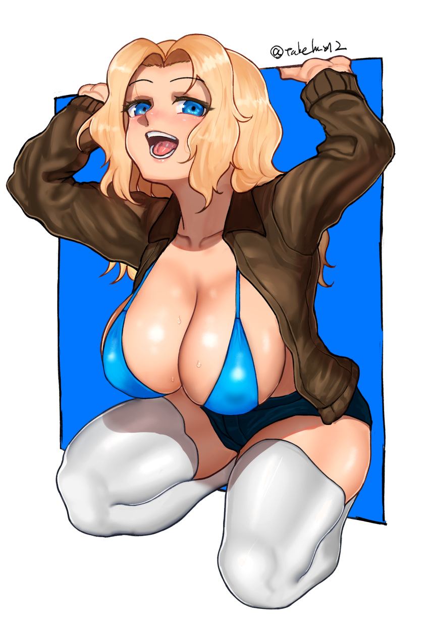 1girl absurdres arms_up bangs bikini bikini_under_clothes blonde_hair blue_bikini blue_eyes blue_shorts breasts brown_jacket collarbone commentary fourth_wall girls_und_panzer hair_intakes half-closed_eyes highres jacket kay_(girls_und_panzer) kneeling large_breasts long_hair long_sleeves looking_at_viewer military military_uniform no_shirt open_clothes open_jacket open_mouth outside_border parted_bangs saunders_military_uniform short_shorts shorts smile solo sweat swimsuit takefu_jiin thigh-highs thighs tongue twitter_username uniform white_background white_legwear