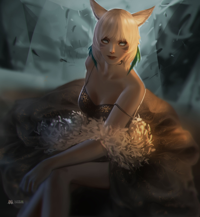 1girl absurdres animal_ears bangs black_dress breasts cat_ears dress facial_mark feather_boa feather_hair_ornament feathers final_fantasy final_fantasy_xiv grey_eyes hair_ornament highres llen_chabbie looking_at_viewer medium_breasts miqo'te neck_tattoo short_hair sitting solo strap_slip tattoo watermark whisker_markings white_hair y'shtola_rhul