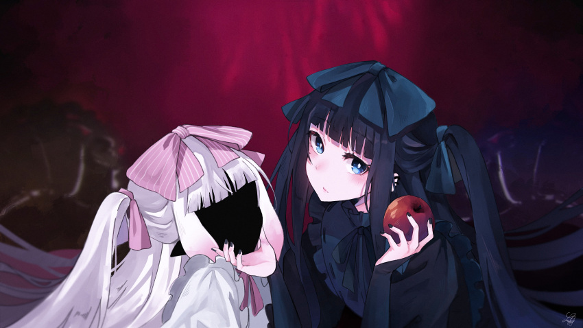 2girls absurdres alternate_costume alternate_hairstyle apple bangs black_hair black_nails black_skin blue_bow blue_eyes blunt_bangs bow closed_mouth colored_skin commentary dual_persona food frills fruit hair_bow hand_on_another's_chin highres holding holding_food holding_fruit hololive hololive_english looking_at_viewer lucferz mole mole_under_eye multiple_girls ninomae_ina'nis pink_bow pointy_ears shadow_(shadows_house) shadows_house twintails upper_body white_hair