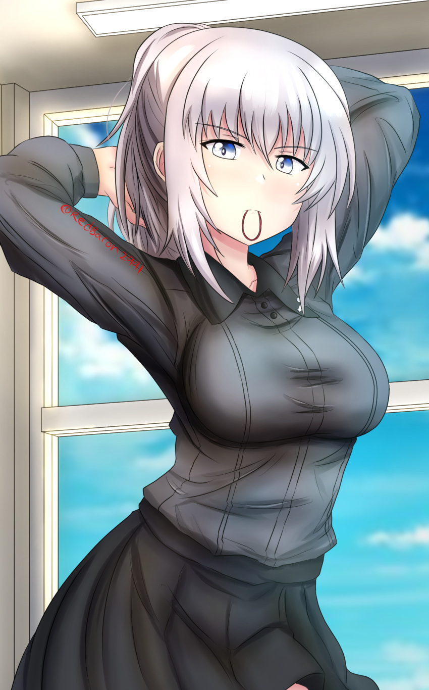 1girl adjusting_hair alternate_hairstyle arms_behind_head arms_up bangs black_skirt blue_eyes blue_sky blush closed_mouth commentary cowboy_shot day dress_shirt eyebrows_visible_through_hair frown girls_und_panzer grey_shirt hair_tie_in_mouth hair_up highres indoors insignia itsumi_erika kuromorimine_school_uniform long_sleeves looking_at_viewer medium_hair miniskirt mouth_hold pleated_skirt ponytail red_skirt redbaron school_uniform shirt skirt sky solo window wing_collar
