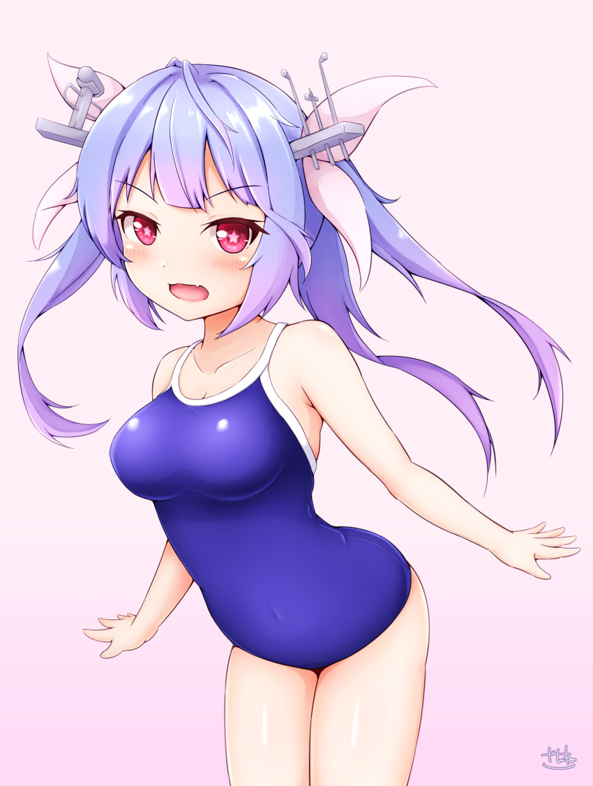 1girl bare_arms bare_legs bare_shoulders blue_hair blue_swimsuit blush collarbone cowboy_shot eyebrows_visible_through_hair fang highres i-19_(kancolle) kantai_collection long_hair one-piece_swimsuit open_mouth red_eyes signature skin_fang smile solo star-shaped_pupils star_(symbol) swimsuit symbol-shaped_pupils tri_tails zanne