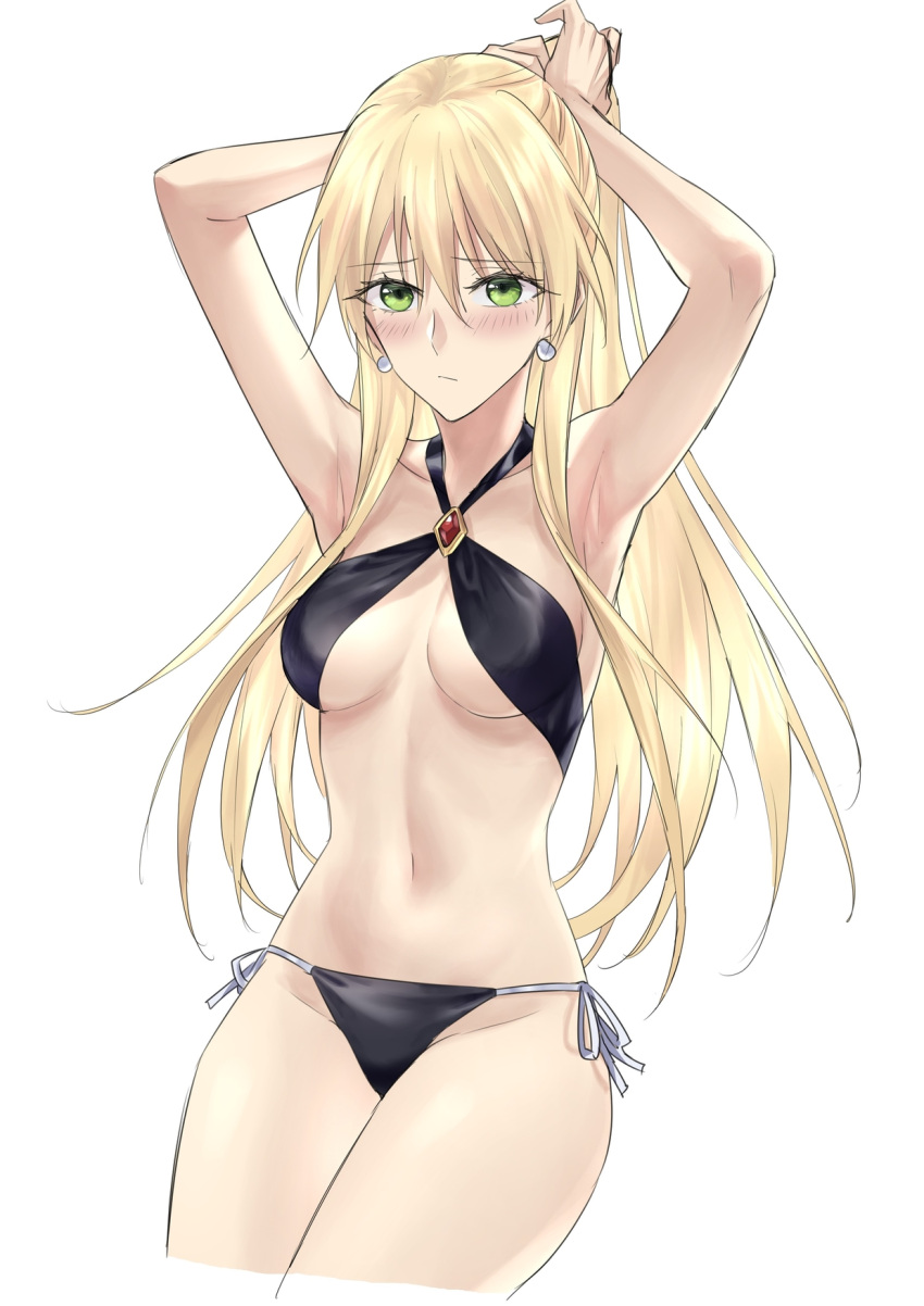 1girl alternate_costume armpits arms_behind_head bangs bikini black_bikini black_swimsuit blonde_hair blush breasts closed_mouth collarbone cropped_legs earrings english_commentary eyebrows_visible_through_hair girls_frontline green_eyes hand_in_own_hair highres jewelry long_hair looking_at_viewer medium_breasts navel presenting_armpit solo standing stg44_(girls'_frontline) suprii swimsuit white_background