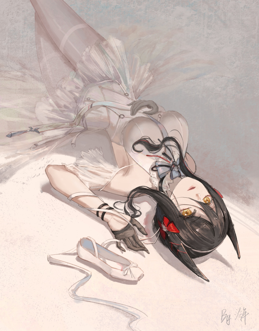1girl absurdres alternate_costume arknights ballerina black_gloves black_hair bow bracelet breasts chinese_commentary commentary_request detached_sleeves dress gloves hair_bow hand_on_own_stomach highres horns ines_(arknights) jewelry large_breasts lingnian long_hair looking_at_viewer lying on_back pantyhose parted_lips red_bow see-through shoes shoes_removed short_sleeves signature smile solo thighband_pantyhose upside-down white_dress white_footwear white_legwear yellow_eyes