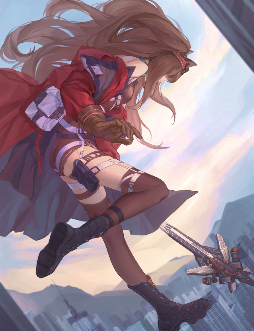 1girl 2933859354 absurdres angelina_(arknights) angelina_(distinguished_visitor)_(arknights) animal_ears arknights bare_shoulders black_legwear brown_gloves brown_hair city clouds cloudy_sky commentary_request day flying from_behind full_body gloves hairband highres infection_monitor_(arknights) long_hair looking_ahead off_shoulder official_alternate_costume open_clothes red_hairband sky solo staff thigh-highs thigh_strap