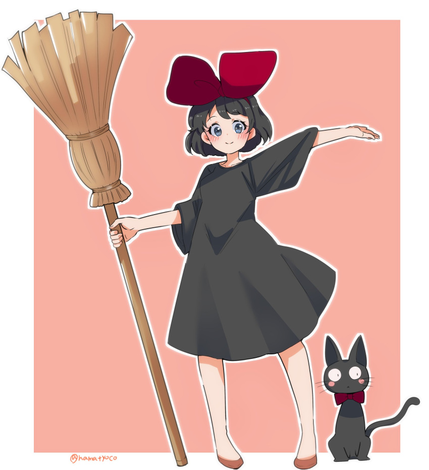 1girl bangs black_dress black_hair blue_eyes bob_cut border bow broom brown_footwear cat commentary_request dress flats gesture hair_bow highres holding holding_broom jiji_(majo_no_takkyuubin) kiki_(majo_no_takkyuubin) looking_at_viewer majo_no_takkyuubin medium_dress namatyoco open_mouth outline outside_border partial_commentary pink_background red_bow short_hair short_sleeves smile solo standing twitter_username white_border white_outline