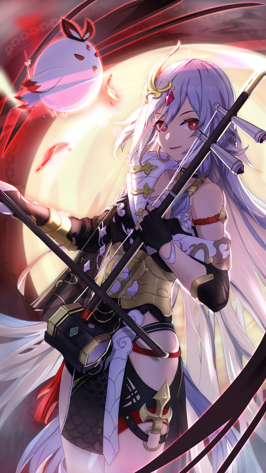 1girl :d absurdres asymmetrical_gloves bangs black_choker black_gloves black_hair chinese_clothes choker closed_mouth earrings feathers fingerless_gloves fu_hua fu_hua_(herrscher_of_sentience) full_moon gloves hair_ornament highres holding holding_instrument honkai_(series) honkai_impact_3rd instrument jewelry long_hair looking_at_viewer mismatched_gloves moon nukw27 open_mouth red_eyes red_sky single_earring sky smile solo white_gloves