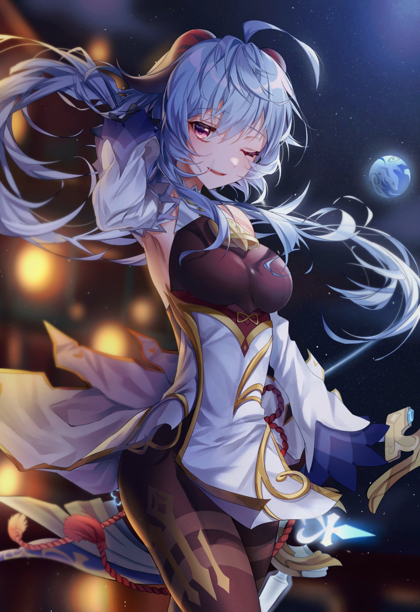 1girl ahoge amos'_bow_(genshin_impact) armpits bangs bell black_gloves black_legwear blue_hair blush bow_(weapon) breasts detached_sleeves eyebrows_visible_through_hair ganyu_(genshin_impact) genshin_impact gloves gold_trim highres holding holding_bow_(weapon) holding_weapon horns long_hair looking_at_viewer low_ponytail medium_breasts nagul neck_bell night one_eye_closed orb parted_lips qilin_(mythology) sidelocks smile solo thighlet violet_eyes waist_cape weapon white_sleeves