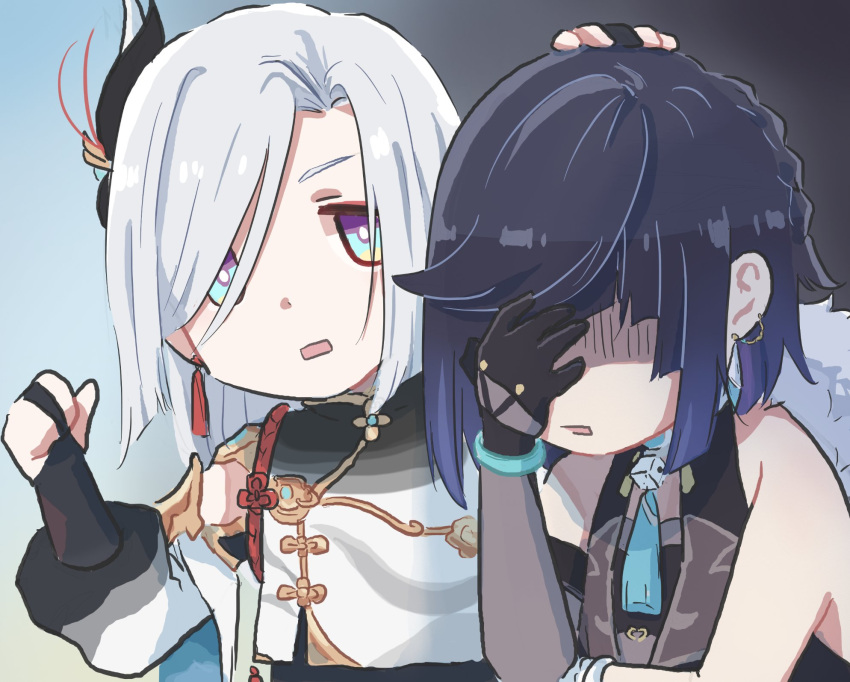 2girls black_gloves blue_eyes blue_hair chibi chinese_clothes commentary earrings english_commentary faceless faceless_female facepalm genshin_impact gloom_(expression) gloves gold_trim grey_hair hair_over_one_eye hand_on_another's_head highres jewelry multiple_girls open_mouth partially_fingerless_gloves shaded_face shenhe_(genshin_impact) short_hair tassel tassel_earrings upper_body xinzoruo yelan_(genshin_impact)