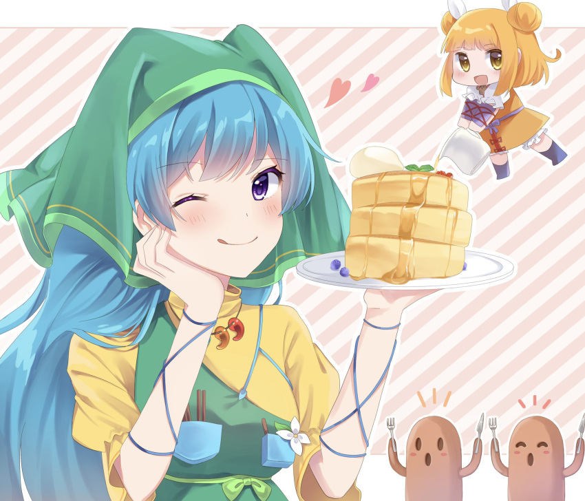 2girls ;p apron arm_strap armor armored_dress blonde_hair blue_hair boots bow breasts chibi closed_mouth commentary_request double_bun dress face food fork green_apron green_bow green_headwear hair_ribbon hand_on_own_face haniwa_(statue) haniyasushin_keiki head_scarf heart highres holding holding_fork holding_knife honey honeypot joutouguu_mayumi knife long_hair looking_at_viewer magatama magatama_necklace medium_breasts milll_77 multiple_girls one_eye_closed open_mouth pancake pancake_stack ribbon short_hair single_strap tongue tongue_out touhou turtleneck upper_body vambraces very_long_hair violet_eyes white_ribbon yellow_dress yellow_eyes