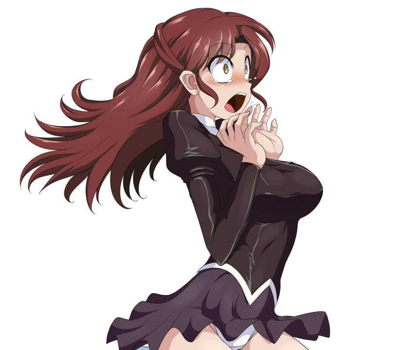 1girl absurdres agent_aika aika_(series) ascot bangs black_delmo black_jacket black_skirt blush breasts clam_curry delmogeny_uniform eyebrows_visible_through_hair highres jacket juliet_sleeves long_hair long_sleeves medium_breasts naomi_(agent_aika) nose_blush open_mouth panties pantyshot pleated_skirt puffy_sleeves red_ascot redhead skirt solo surprised tears underwear uniform upper_body white_panties