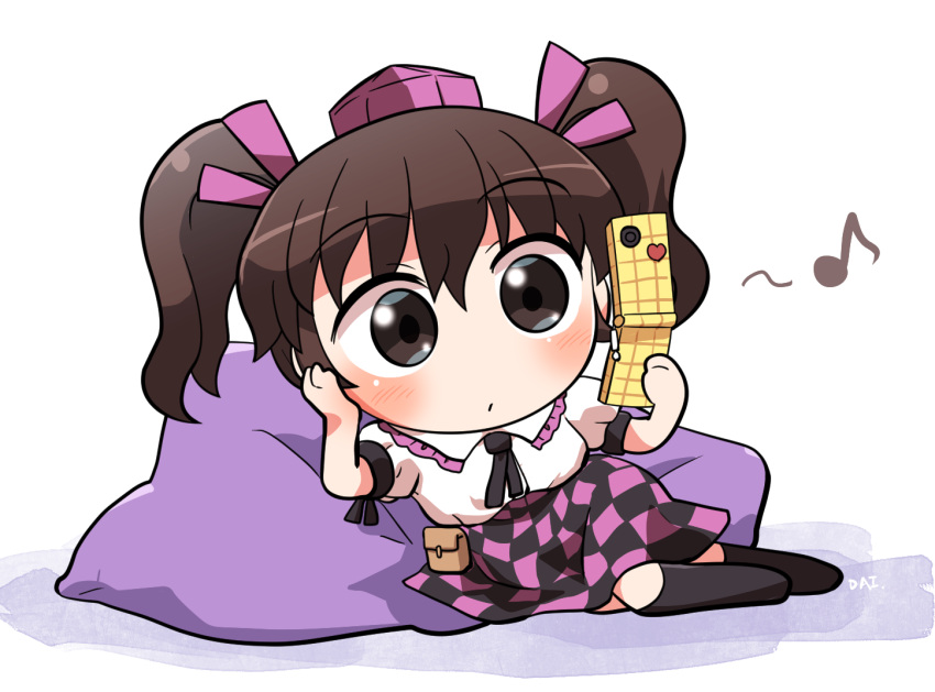 1girl black_legwear blush brown_eyes brown_hair checkered_clothes checkered_skirt closed_mouth collared_shirt eighth_note eyebrows_visible_through_hair hair_between_eyes hat himekaidou_hatate holding holding_phone kneehighs long_hair musical_note phone puffy_short_sleeves puffy_sleeves purple_headwear rokugou_daisuke shirt short_sleeves signature skirt solo tokin_hat touhou twintails white_shirt