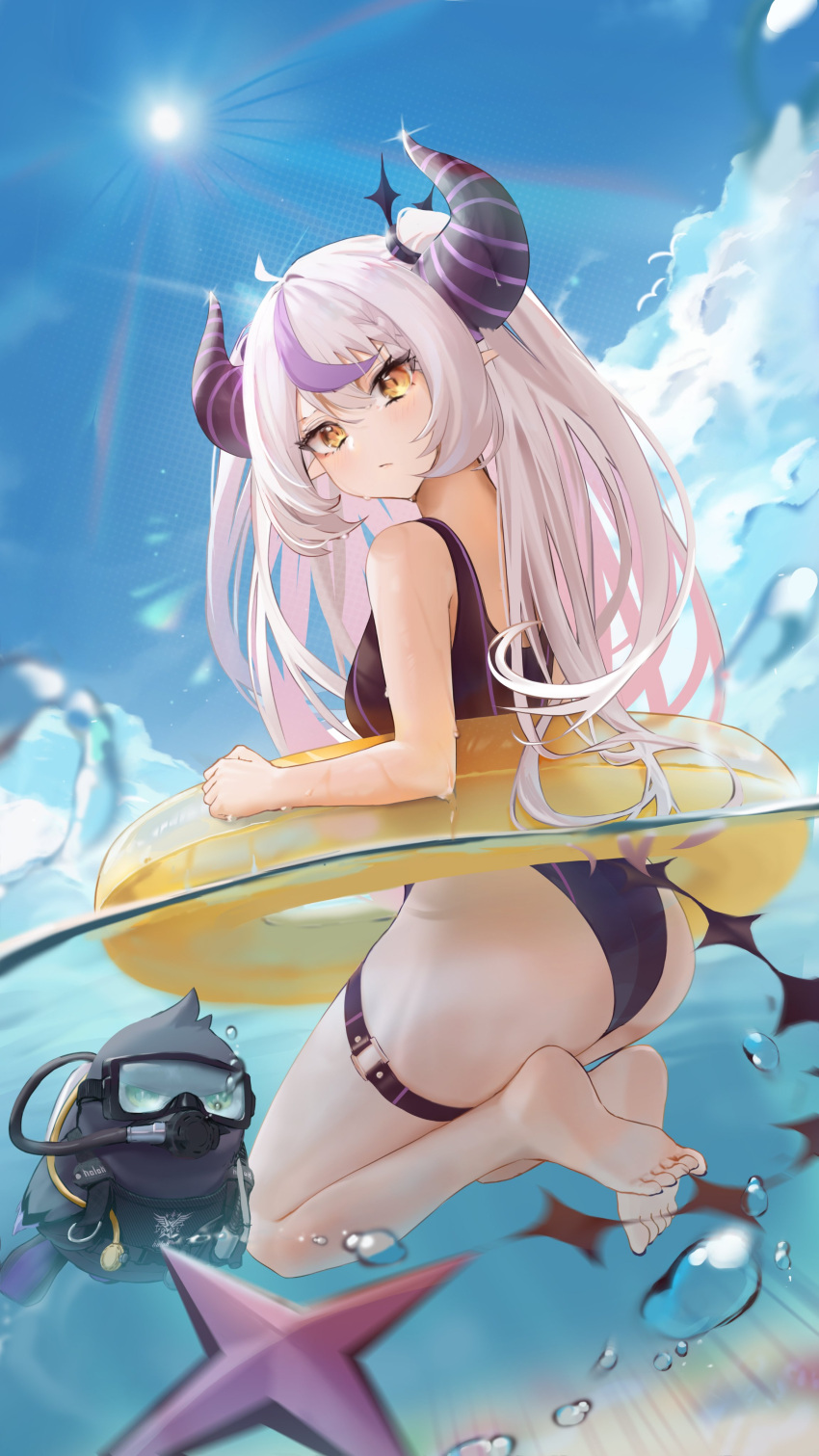 1girl absurdres bangs barefoot black_swimsuit blue_sky blush breasts closed_mouth clouds crow_(la+_darknesss) day demon_horns from_behind highres hololive horns innertube la+_darknesss long_hair looking_at_viewer looking_back multicolored_hair one-piece_swimsuit outdoors partially_underwater_shot purple_hair sky solo streaked_hair sun swimsuit thigh_strap two_side_up virtual_youtuber wanne white_hair yellow_eyes