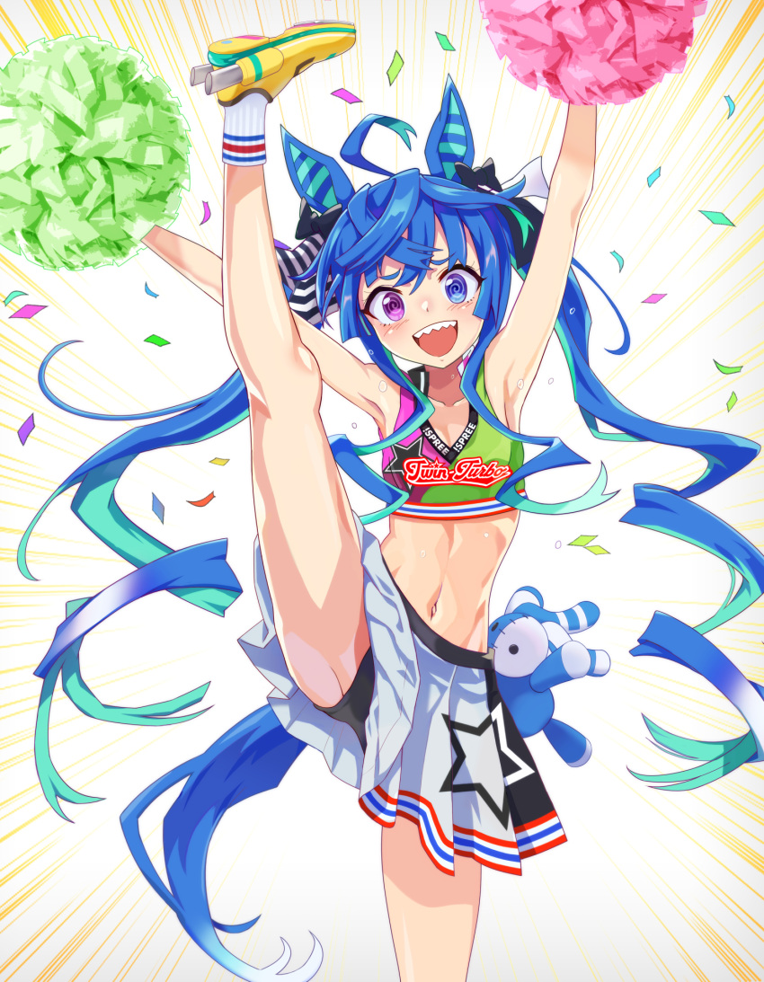 animal_ears armpits arms_up bike_shorts blue_hair blush breasts cheerleader commentary_request heterochromia highres horse_ears horse_tail leg_up long_hair midriff okken pom_pom_(cheerleading) shoes simple_background small_breasts tail teeth twin_turbo_(umamusume) umamusume