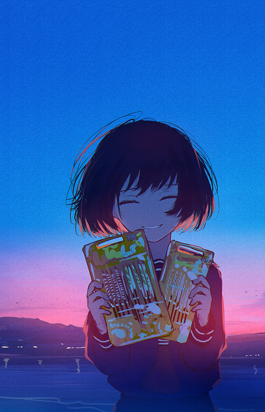 1girl absurdres bangs black_hair blue_sailor_collar blue_shirt blue_sky closed_eyes fireworks hand_up highres holding_fireworks long_sleeves mifuru mountain neckerchief original outdoors parted_lips red_neckerchief sailor_collar school_uniform serafuku shirt short_hair sky smile solo standing sunset water