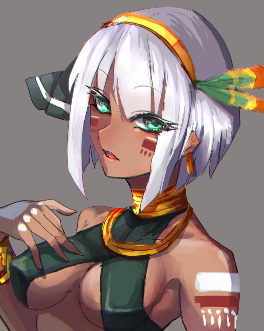 1girl asatsuki_(cookie) aztec bangs blush bob_cut breasts commentary cookie_(touhou) dark-skinned_female dark_skin eyebrows_visible_through_hair eyes_visible_through_hair feather_hair_ornament feathers gold_hairband green_eyes grey_background hair_between_eyes hair_ornament halter_top halterneck highres jewelry konpaku_youmu looking_at_viewer medium_breasts necklace open_mouth shimosuke short_hair simple_background solo touhou upper_body white_hair