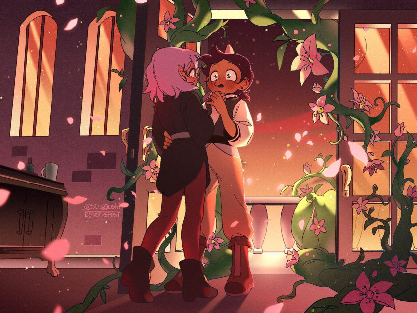 2girls amity_blight balcony blush brown_hair couple dark-skinned_female dark_skin door embarrassed eye_contact flower highres holding_hands jacket letterman_jacket looking_at_another luz_noceda multiple_girls open_door open_mouth petals pink_flower plant purple_hair spoilers standing su_ggushi surprised the_owl_house vines yuri