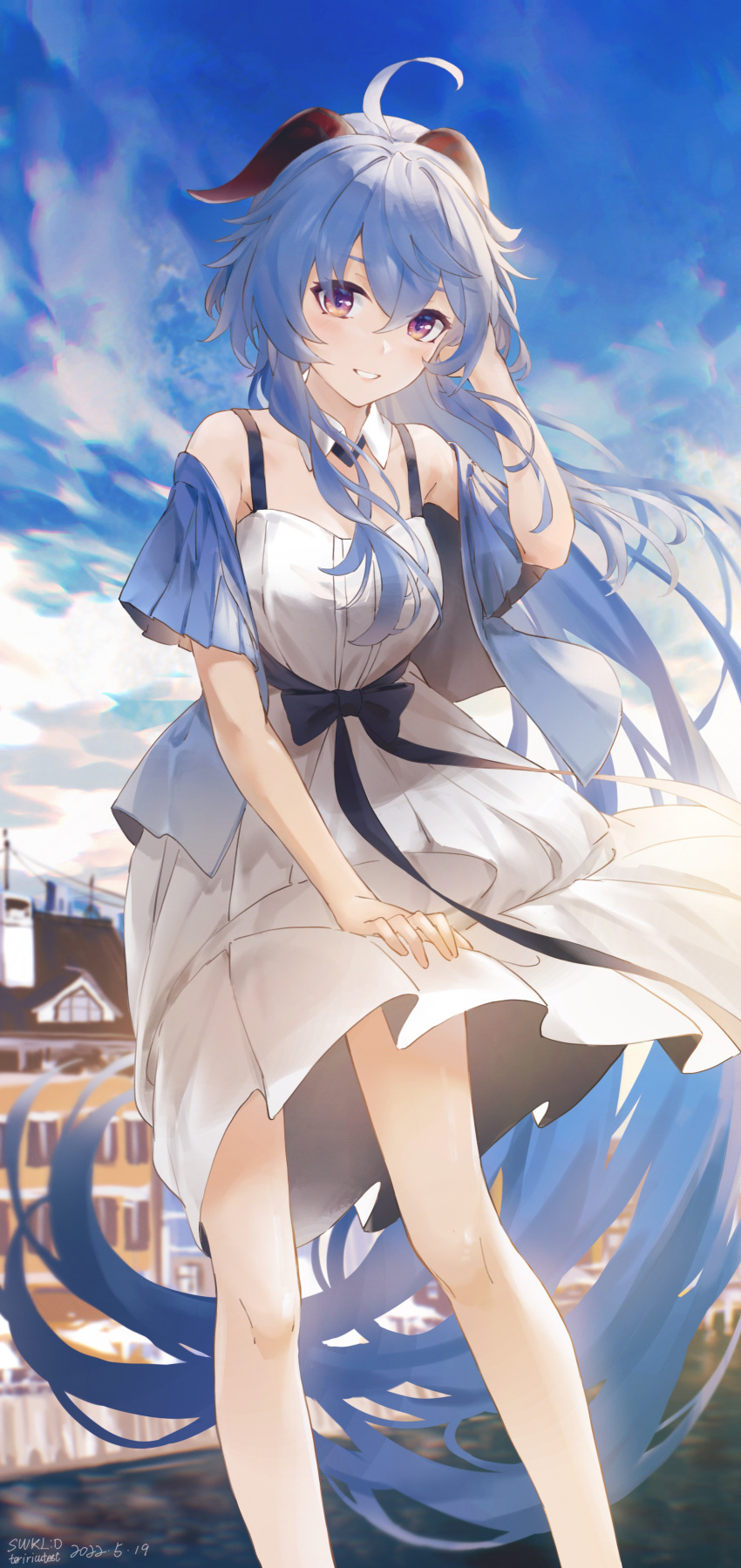 1girl absurdres ahoge artist_name bangs bare_legs black_bow blue_hair blue_sky blush bow building clouds cloudy_sky dated dress ganyu_(genshin_impact) genshin_impact highres horns long_hair looking_at_viewer outdoors sidelocks signature sky smile solo standing swkl:d teeth violet_eyes white_dress