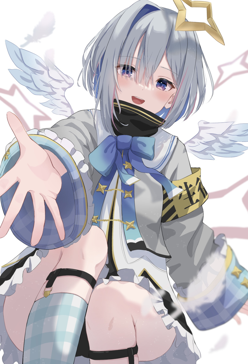 1girl absurdres amane_kanata angel_wings asymmetrical_hair blue_bow blue_bowtie blue_eyes blue_hair blue_legwear bob_cut bow bowtie colored_inner_hair commentary feathered_wings feathers grey_hair grey_jacket halo high_collar highres hololive jacket knee_up kneehighs long_sleeves looking_at_viewer mei_am0 multicolored_hair open_mouth outstretched_hand plaid plaid_legwear reaching_out short_hair simple_background single_hair_intake sleeve_cuffs sleeves_past_wrists smile solo streaked_hair teeth upper_teeth virtual_youtuber white_background white_feathers white_wings wings