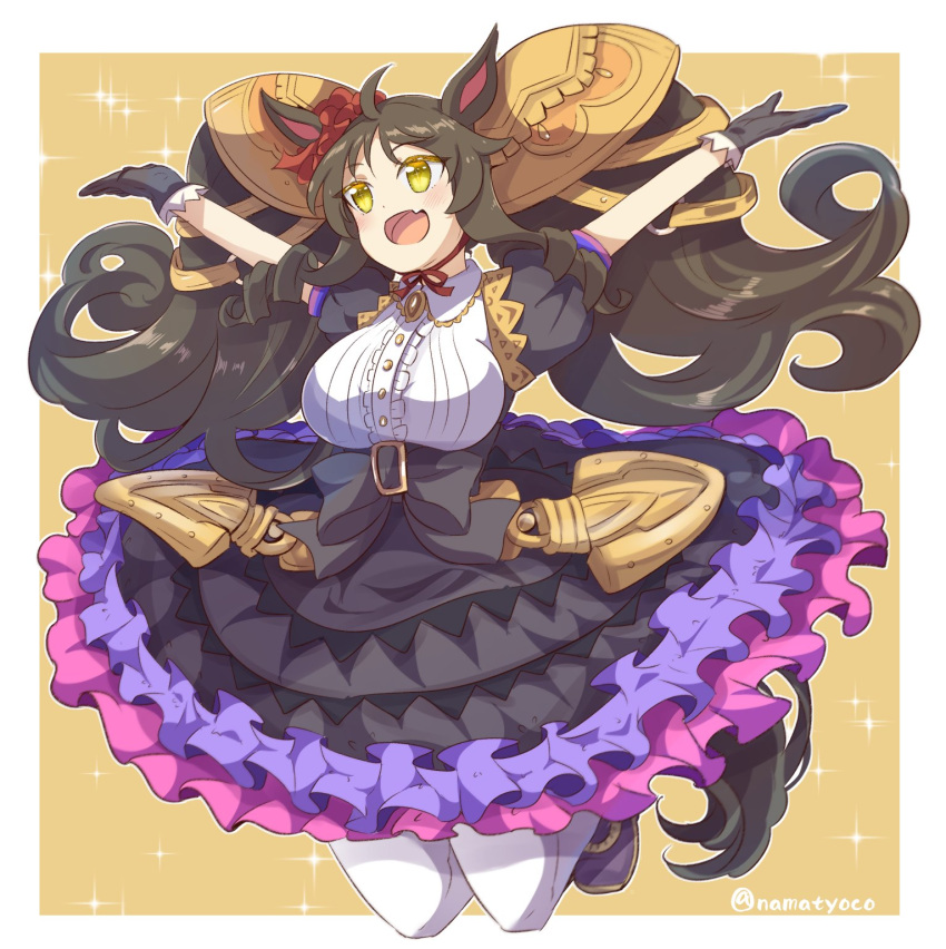 1girl animal_ears arms_up bangs big_hair black_dress black_footwear black_gloves black_hair border breasts brown_hair center_frills collared_dress commentary dress fang frills gloves headdress highres horse_ears horse_girl horse_tail jumping large_breasts layered_dress legs_up looking_to_the_side marvelous_sunday_(umamusume) medium_dress namatyoco open_mouth outside_border outstretched_arms pantyhose puffy_short_sleeves puffy_sleeves shoes short_sleeves simple_background skin_fang smile solo sparkle spread_arms tail twintails twitter_username umamusume white_border white_legwear yellow_background yellow_eyes