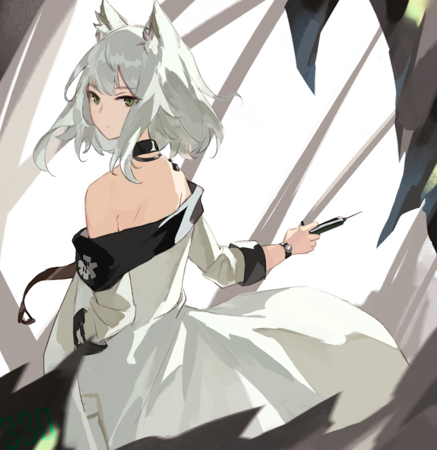 1girl animal_ears arknights bare_shoulders black_collar cat_ears coat collar commentary_request from_behind green_eyes green_hair hand_in_pocket highres holding holding_syringe kal'tsit_(arknights) looking_at_viewer looking_back mon3tr_(arknights) off-shoulder_coat off_shoulder open_clothes open_coat oripathy_lesion_(arknights) short_hair solo syringe was775 watch watch white_coat