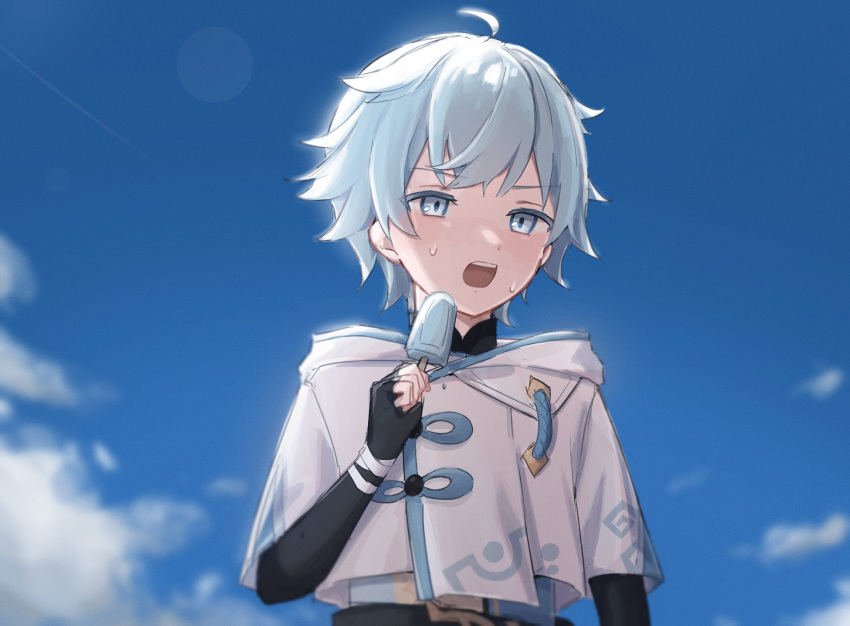1boy antenna_hair bangs blue_eyes blue_hair blue_sky chinese_clothes chongyun_(genshin_impact) clouds cloudy_sky commentary_request eyebrows_visible_through_hair fingerless_gloves food from_below genshin_impact gloves hair_ornament highres holding hood long_sleeves looking_away male_focus open_mouth popsicle short_hair short_sleeves sky solo sunlight sweat teeth zawa_ohayo