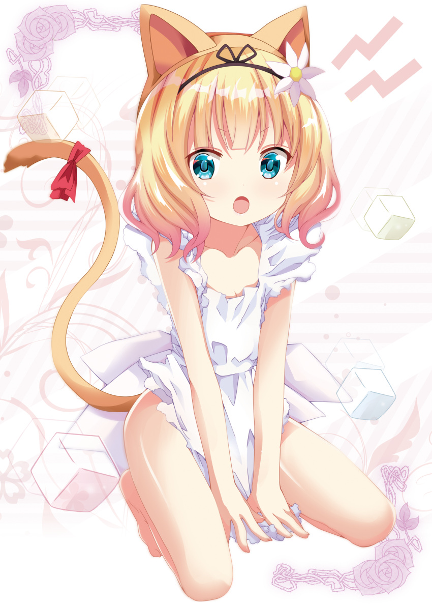 1girl :o animal_ears aqua_eyes bangs barefoot black_hairband blonde_hair dress eyebrows_visible_through_hair fake_animal_ears flower full_body gochuumon_wa_usagi_desu_ka? hair_flower hair_ornament hairband highres kemonomimi_mode kirima_syaro kohakugin looking_at_viewer medium_hair red_ribbon ribbon shiny shiny_hair short_dress sitting solo tail tail_ornament tail_raised tail_ribbon wariza white_dress