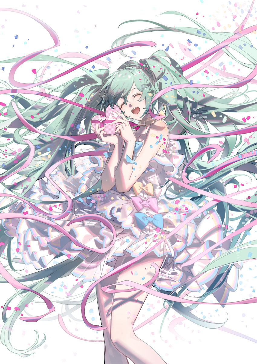 1girl bare_legs bare_shoulders blue_bow bow chinese_commentary closed_eyes commentary_request confetti dress dress_bow feet_out_of_frame frilled_dress frills gift green_hair hands_up happy hatsune_miku highres holding holding_gift long_hair open_mouth pink_bow pink_ribbon ribbon simple_background sleeveless sleeveless_dress smile solo teeth upper_teeth very_long_hair vocaloid white_background white_dress xiaonuo_(1906803064) yellow_bow