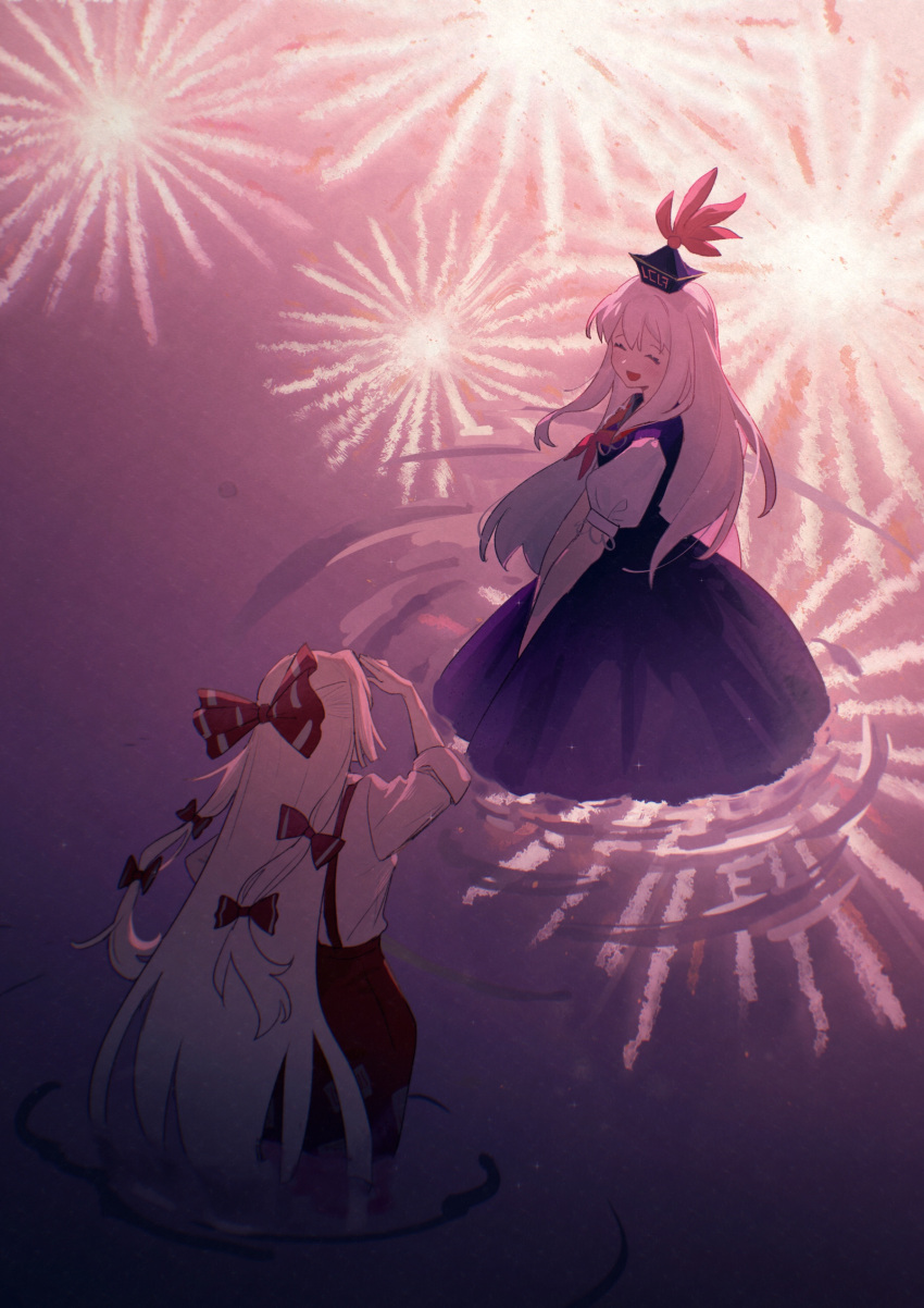 2girls :d absurdres aerial_fireworks aszeroo0 blue_dress blue_headwear blush bow closed_eyes commentary dress fireworks fujiwara_no_mokou hair_bow hand_up hat highres kamishirasawa_keine long_hair looking_at_viewer multiple_girls neckerchief ofuda ofuda_on_clothes open_mouth own_hands_together pants puffy_short_sleeves puffy_sleeves red_bow red_neckerchief red_pants reflection ripples shirt short_sleeves smile suspenders tokin_hat touhou v_arms very_long_hair wading water white_hair white_shirt