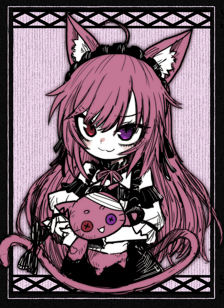 1girl :3 absurdres animal_ears black_dress cat_ears cat_girl cat_tail dress frilled_hairband frills fushicho gothic_lolita hairband heterochromia highres indie_virtual_youtuber lolita_fashion long_hair mikeneko_(utaite) pink_hair pon-chan_(mikeneko) red_eyes solo tail upper_body violet_eyes virtual_youtuber