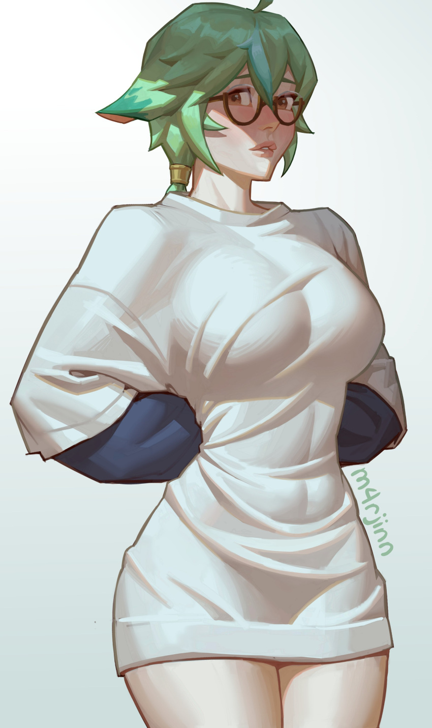 1girl absurdres ahoge artist_name breasts brown_eyes cowboy_shot genshin_impact glasses gradient gradient_background green_hair hair_tubes highres large_breasts lips m4rjinn parted_lips ponytail signature solo sucrose_(genshin_impact) sweater white_sweater