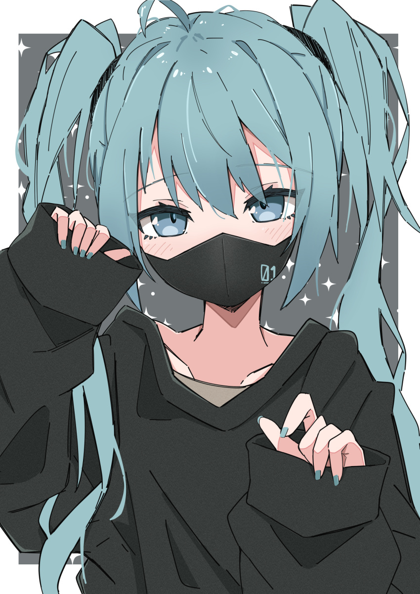 1girl ahoge bangs black_shirt blue_eyes blue_hair blue_nails blush collarbone eyebrows_visible_through_hair grey_background hair_between_eyes hands_up hatsune_miku highres long_sleeves mask maud0239 mouth_mask nail_polish pinching_sleeves puffy_long_sleeves puffy_sleeves shirt sleeves_past_wrists solo twintails two-tone_background vocaloid white_background