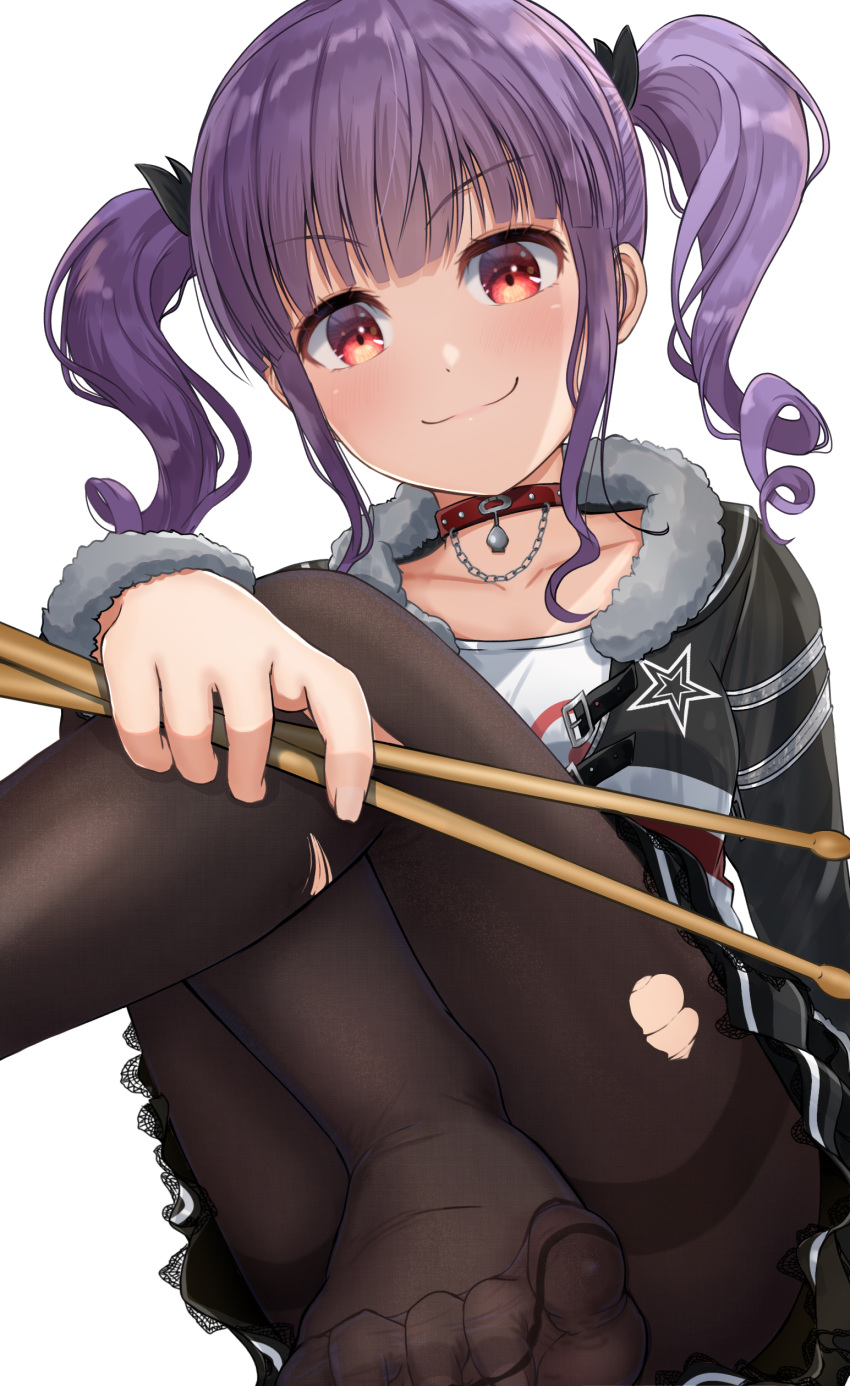 1girl absurdres bang_dream! black_legwear buckle choker curly_hair drumsticks fur_trim highres holding holding_drumsticks lace_trim looking_at_viewer no_shoes noshimurin pantyhose purple_hair red_eyes sidelocks sitting smile solo star_(symbol) torn_clothes torn_legwear twintails udagawa_ako white_background